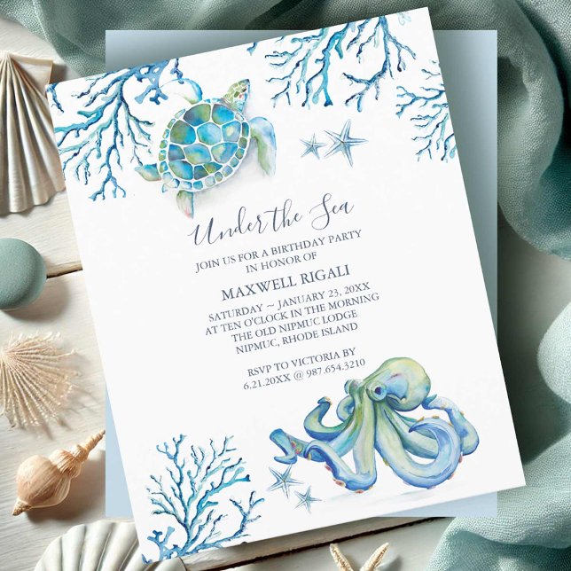 Cute Ocean Animals Boys Budget Birthday Invitation (Birthday invitations for kids under the sea theme watercolor art Victoria Grigaliunas DoTellABelle)