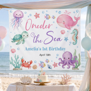 Cute Ocean Animals Oneder The Sea Birthday Banner Tapestry