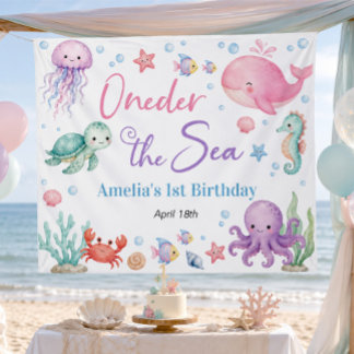 Cute Ocean Animals Oneder The Sea Birthday Banner Tapestry