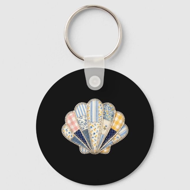 Cute Ocean Beach Summer Patchwork Seashell Key Ring (Front)