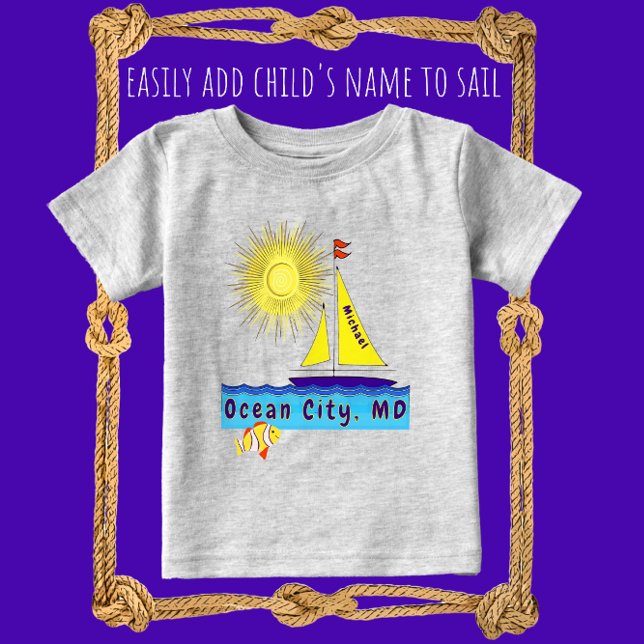 Cute Ocean City Sailboat Sun and Fish with Name Baby T-Shirt (Adorable little sailboat shirt with name.)