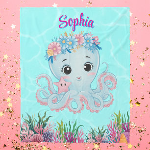 Cute Ocean Floral Octopus Girly Gift Fleece Blanket