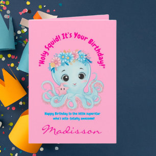 Cute Ocean Floral Octopus Girly Kids Birthday  Card