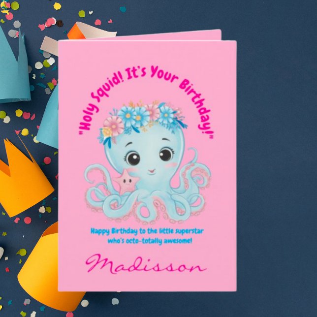  Cute Ocean Floral Octopus Girly Kids Birthday  Card (Creator Uploaded)
