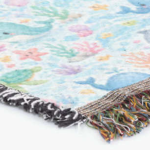 Cute Ocean Friends Watercolor Pattern Throw Blanket