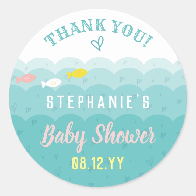 Cute Ocean Hearts Whimsical Baby Shower Thank You Classic Round Sticker (Front)