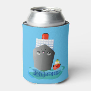 Cute ocean liner ship tug cartoon illustration can cooler