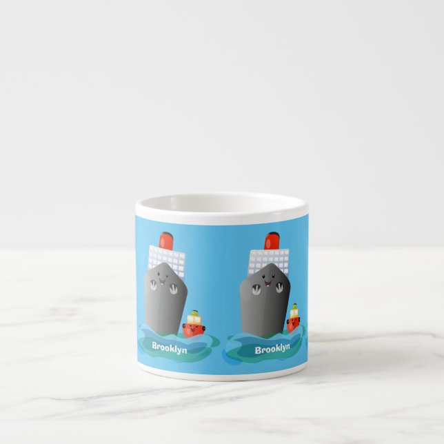 Cute ocean liner ship tug cartoon illustration espresso cup (Front)
