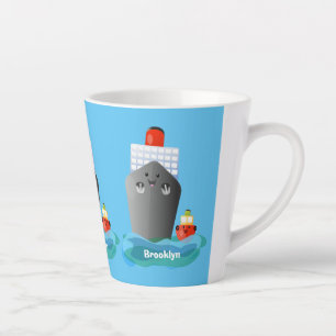 Cute ocean liner ship tug cartoon illustration latte mug