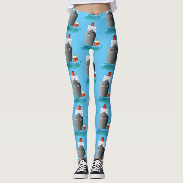 Cute ocean liner ship tug cartoon illustration leggings (Front)