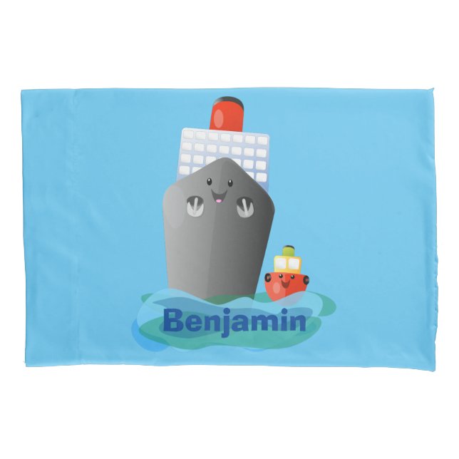 Cute ocean liner ship tug cartoon illustration pillowcase (Front)