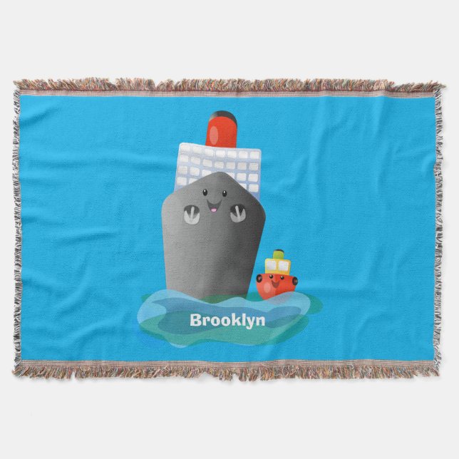 Cute ocean liner ship tug cartoon illustration throw blanket (Front)