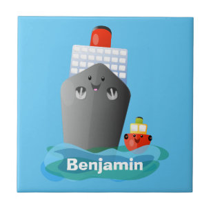 Cute ocean liner ship tug cartoon illustration tile