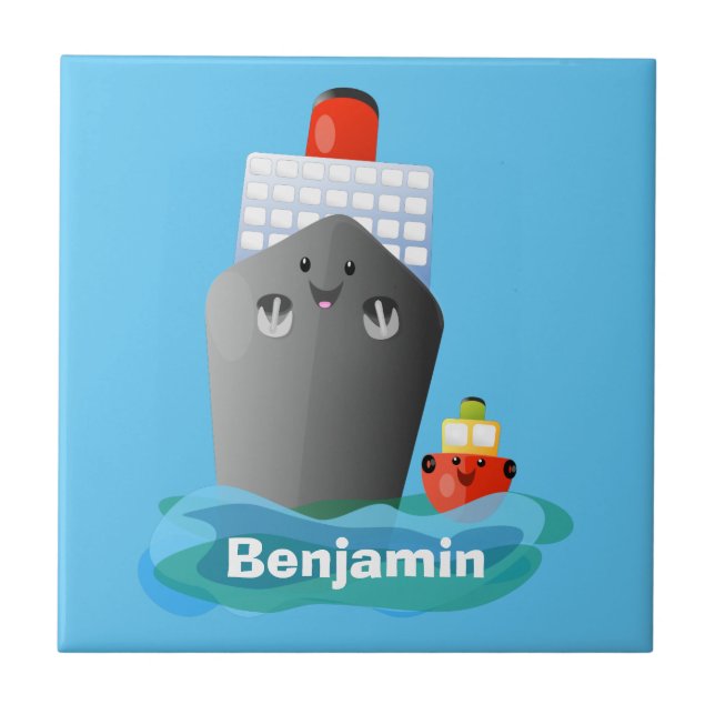Cute ocean liner ship tug cartoon illustration tile (Front)