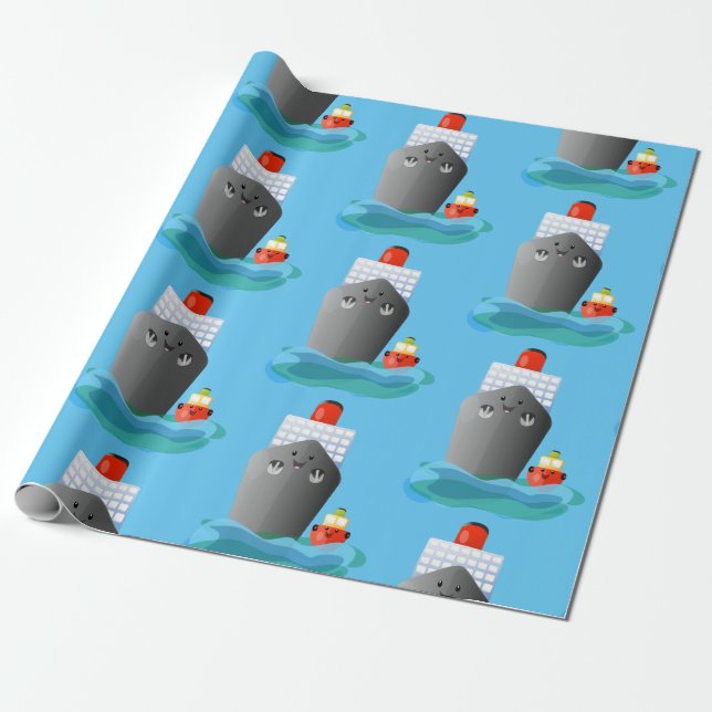 Cute ocean liner ship tug cartoon illustration wrapping paper (Unrolled)