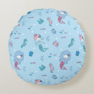 Cute Ocean Mermaids and Sea Creatures Pattern Round Cushion