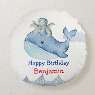 Cute Ocean octopus Whale fish Birthday party Round Cushion