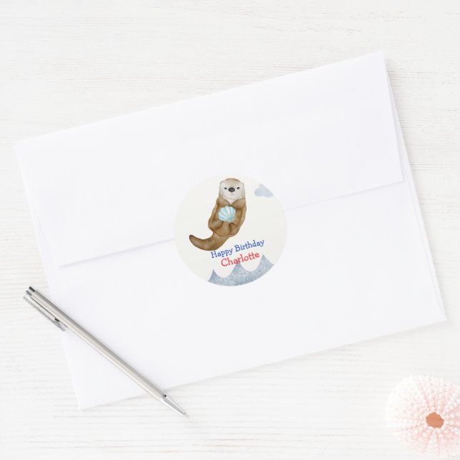 Cute Ocean Otter Scallops Birthday party Classic Round Sticker (Envelope)