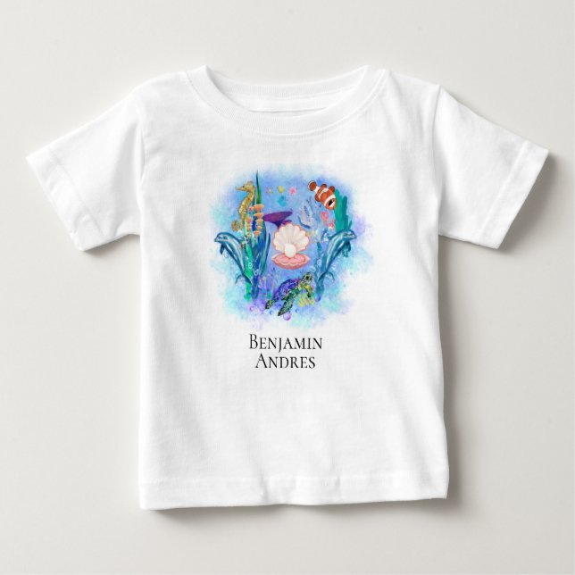 Cute Ocean Sea Animals Colourful Leaves  Baby T-Shirt (Front)
