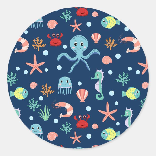 Cute Ocean Sea Life Pattern Classic Round Sticker (Front)