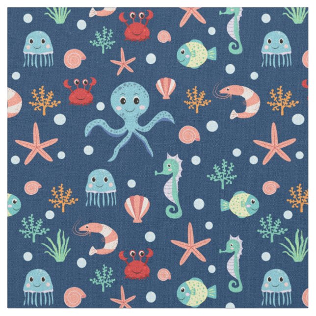 Cute Ocean Sea Life Pattern Fabric (Close Up)