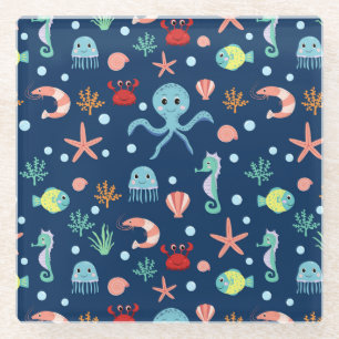Cute Ocean Sea Life Pattern Glass Coaster