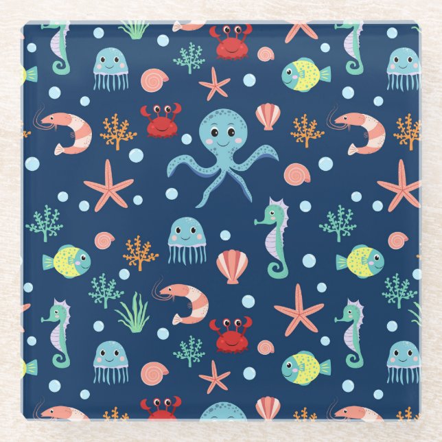 Cute Ocean Sea Life Pattern Glass Coaster (Front)