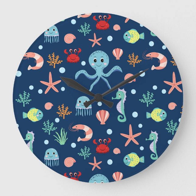 Cute Ocean Sea Life Pattern Large Clock (Front)