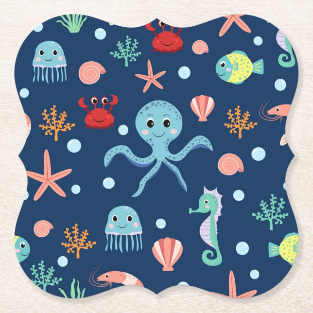Cute Ocean Sea Life Pattern Paper Coaster (Front)