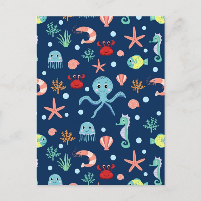 Cute Ocean Sea Life Pattern Postcard (Front)