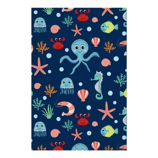 Cute Ocean Sea Life Pattern Poster (Front)