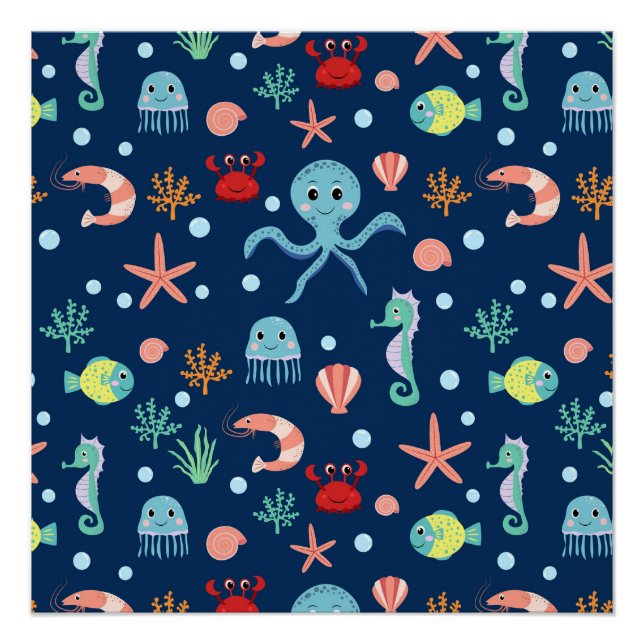 Cute Ocean Sea Life Pattern Poster (Front)