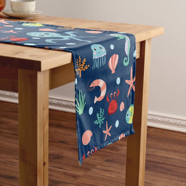 Cute Ocean Sea Life Pattern Short Table Runner (In Situ)