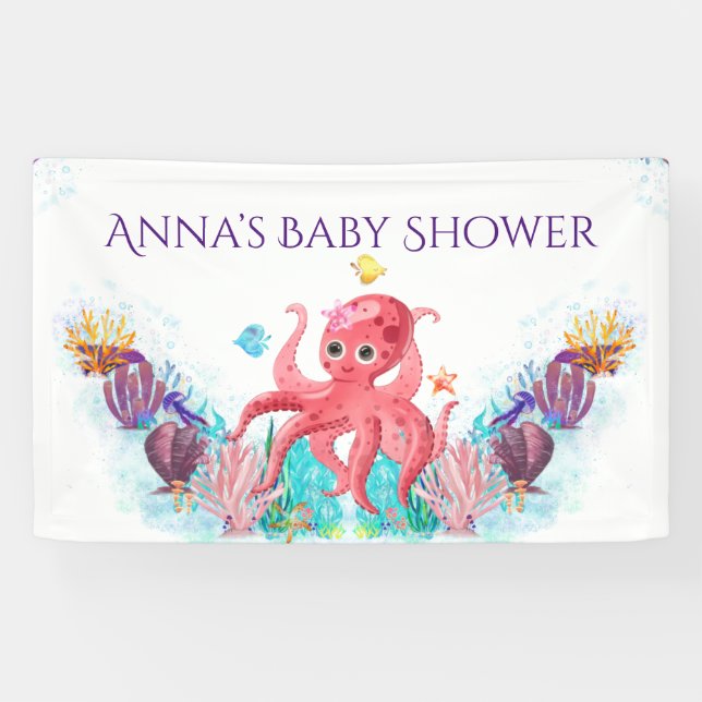Cute Ocean Sea Octopus Colourful Pink Baby Shower Banner (Horizontal)