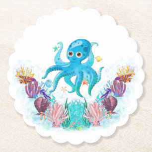 Cute Ocean Sea Octopus With Colourful Seashells Paper Coaster
