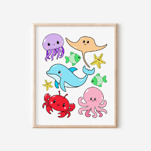 Cute Ocean Sealife Collage Nursery Art Poster