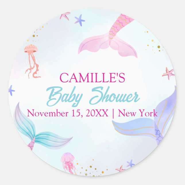 Cute Ocean Summer Mermaid Tail Baby Shower Classic Round Sticker (Front)