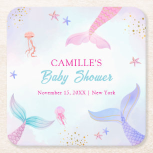 Cute Ocean Summer Mermaid Tail Baby Shower Square Paper Coaster