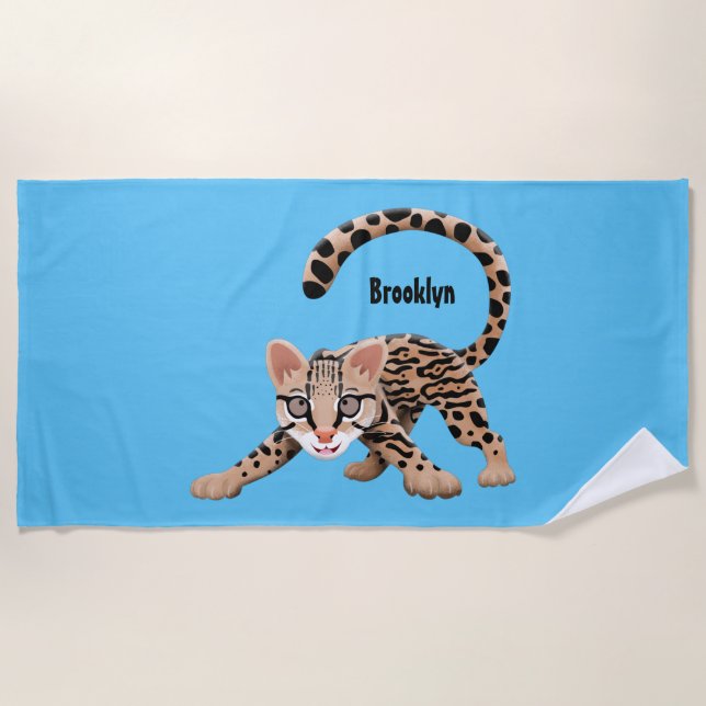 Cute ocelot cartoon illustration beach towel (Front)