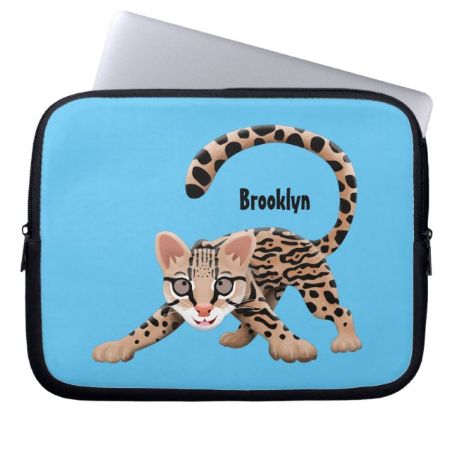 Cute ocelot cartoon illustration laptop sleeve (Front)