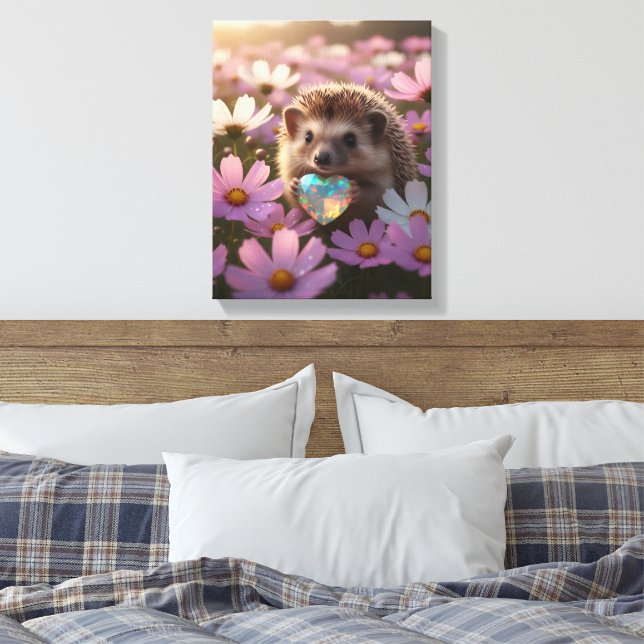 Cute October Hedgehog with Opal Heart Canvas Print (Insitu(Bedroom))