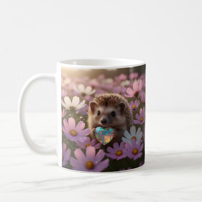 Cute October Hedgehog with Opal Heart Coffee Mug (Left)
