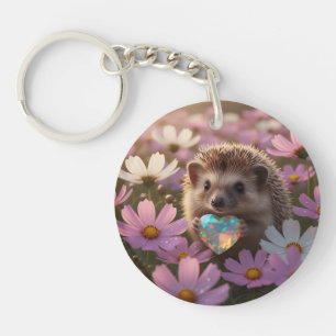Cute October Hedgehog with Opal Heart Key Ring