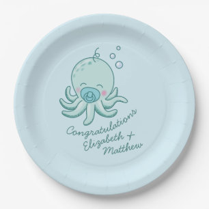 Cute Octopus Baby Shower Kawaii Blue Boy Paper Plate