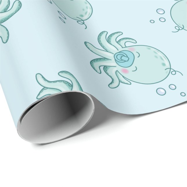 Cute Octopus Baby Shower Kawaii Blue Boy Wrapping Paper (Roll Corner)