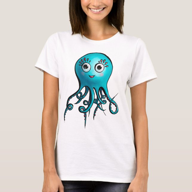 Cute Octopus Blue Cartoon Sea Animal T-Shirt (Front)