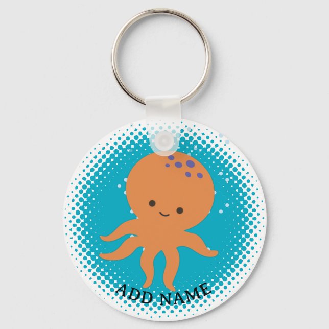 Cute Octopus Cartoon Blue Ocean Custom Name Key Ring (Front)