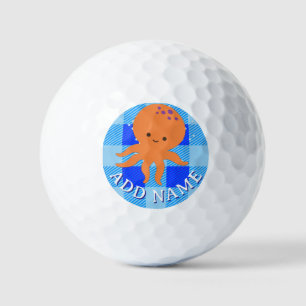 Cute Octopus Cartoon Blue Plaid Custom Name Golf Balls