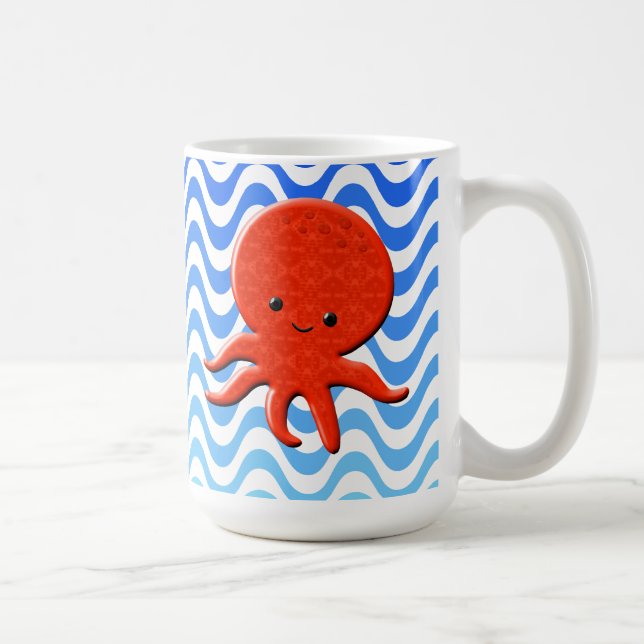 Cute Octopus Cartoon Blue Waves Coffee Mug (Right)