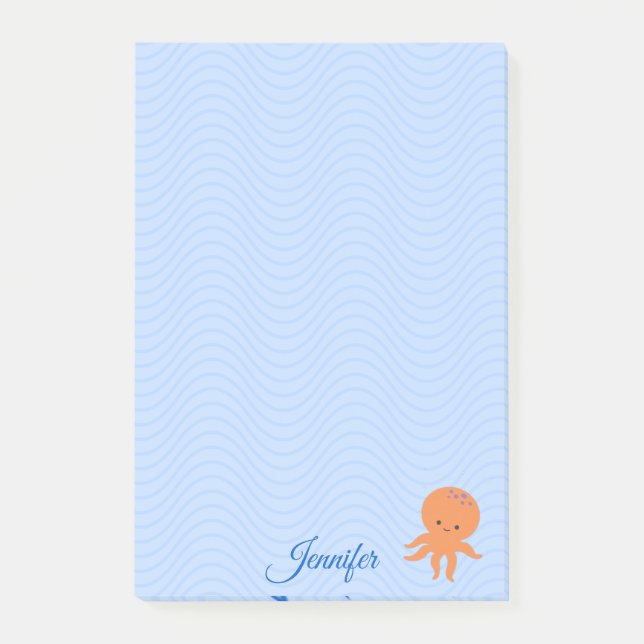 Cute Octopus Cartoon Blue Waves Custom Name Post-it Notes (Front)